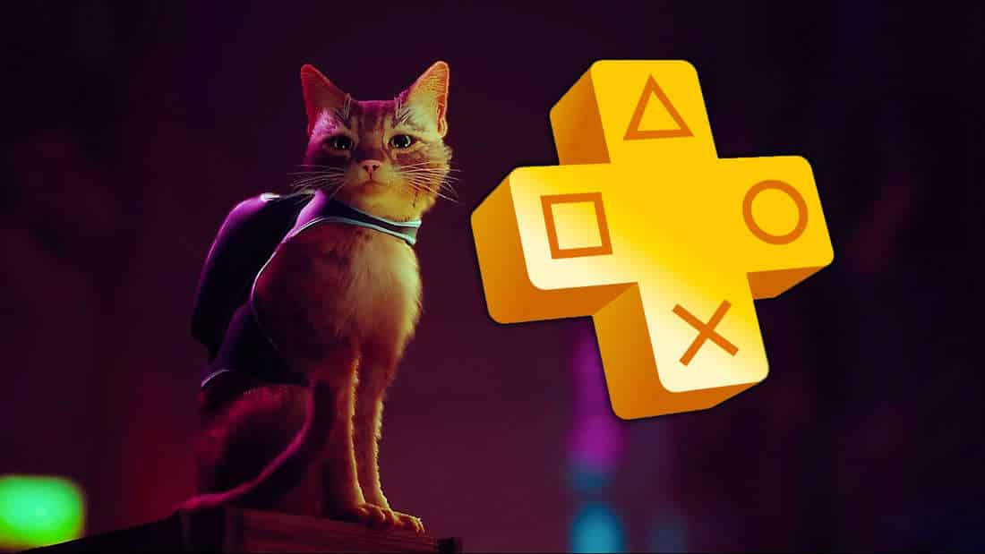 Stray's cat sits next to the PS Plus logo