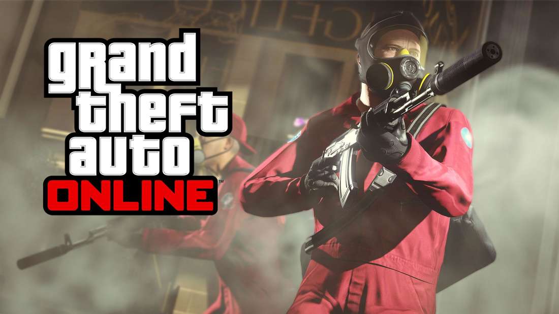 Michael in a red suit and gas mask from GTA 5. On the left the GTA Online logo