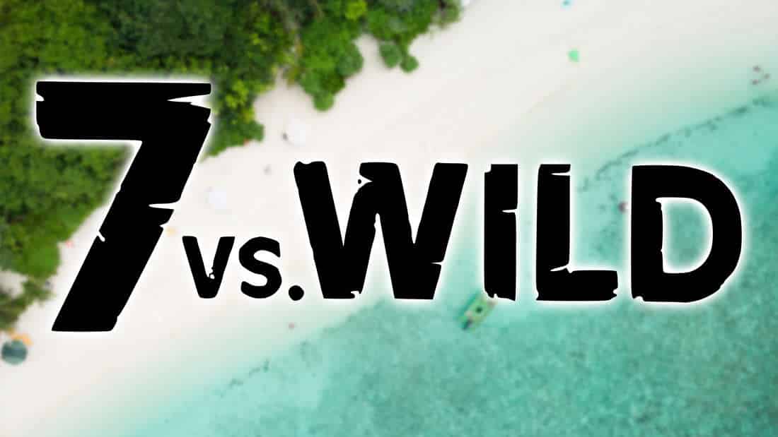 Logo of 7 vs Wild.  In the background the beach of a tropical island