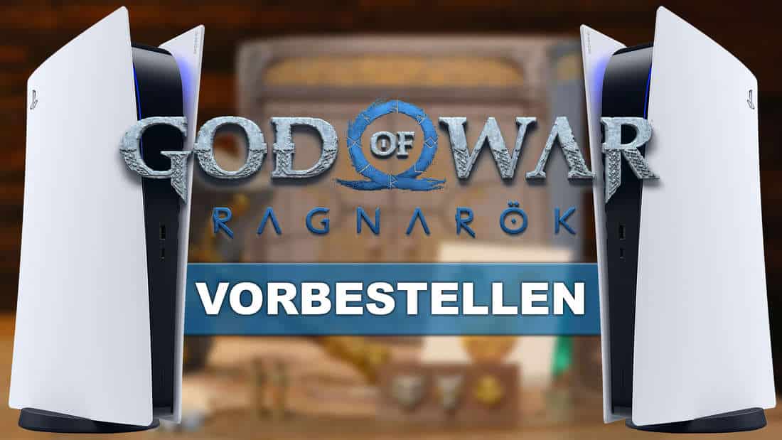 God of War Ragnarök logo over pre-order lettering wrapped by PS5 consoles