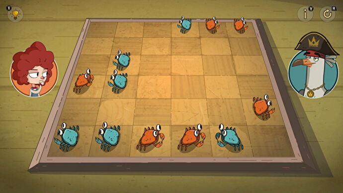 A young girl looks down on a board of multicolored crabs in Lost In Play