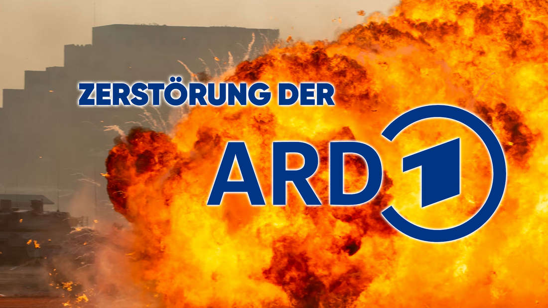 The ARD logo in front of a destroyed room