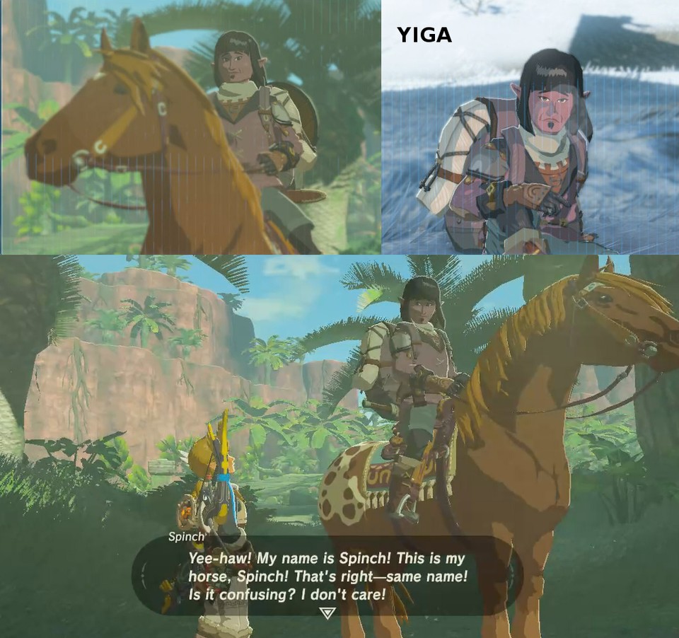 At the top right you can see the camouflaged Yiga, on the other pictures his role model (source: https:www.reddit.comrBreath_of_the_Wildcommentswm5riqevil_twins_yiga_counterparts)