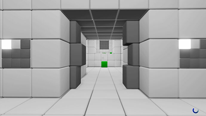 A door opens to reveal a single green cube in QUBE (2012)