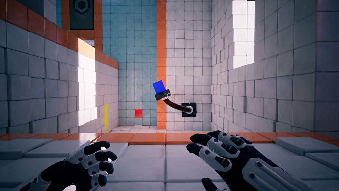 A pair of gloves looks over a scene of white tiled walls and brightly colored blocks sitting inside the wall in QUBE: 10th Anniversary.