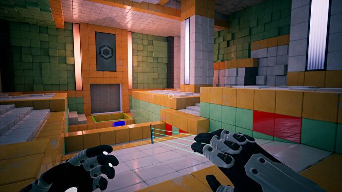The player looks over a brightly colored tiled room that slopes down the centre, in QUBE 10th: Anniversary.