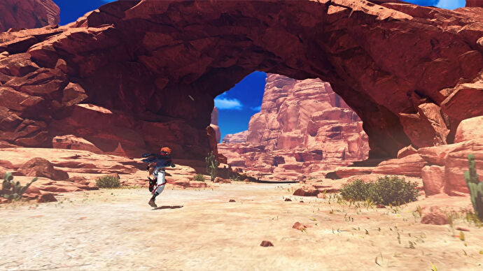 A red-haired boy runs through a desert landscape in Armed Fantasia