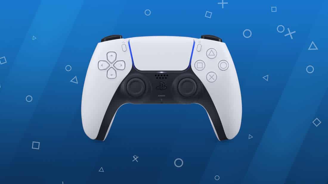A PS5 controller on a PlayStation background