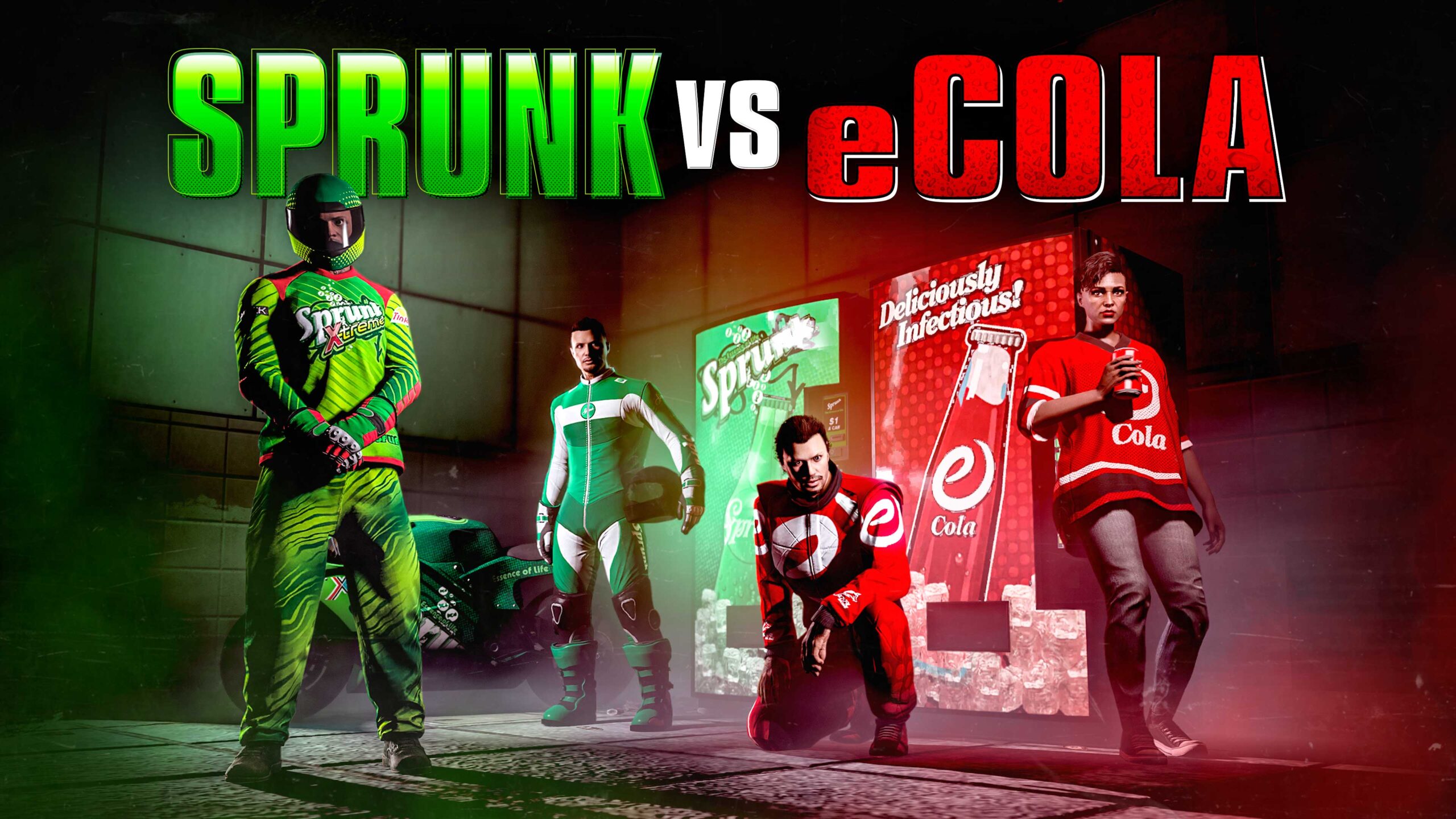 Poster featuring SPrunk vs. eCola and GTA Online characters in front of vending machines