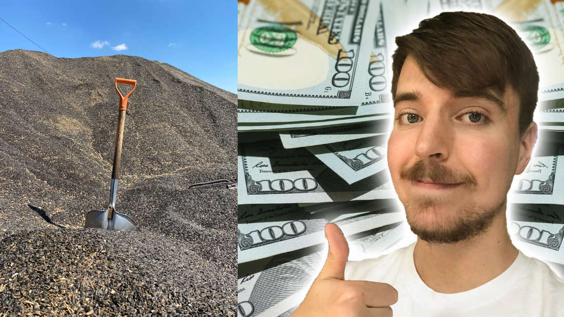 MrBeast in front of a shovel and lots of dollar bills