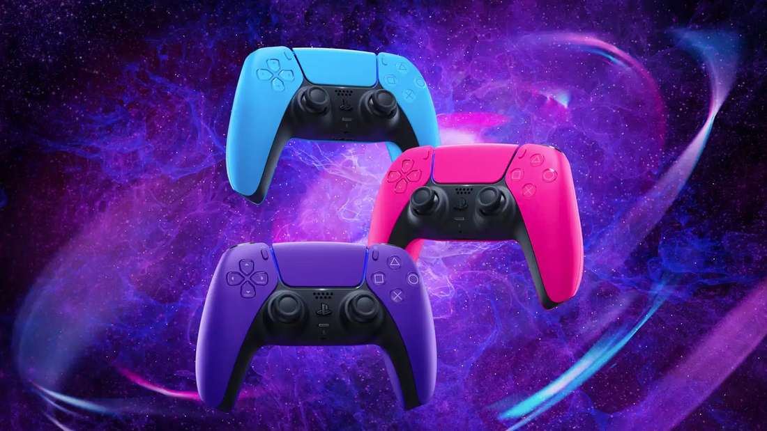The new PS5 controllers in Starlight Blue, Nova Pink and Galactic Purple