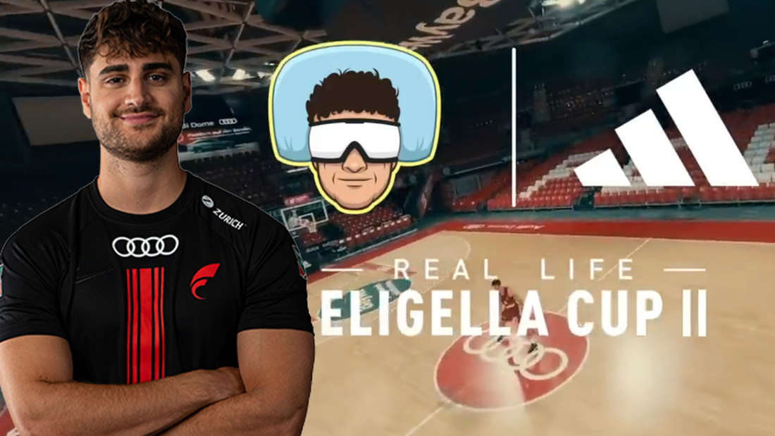 Streamer EliasN97 next to the Real Life Eligella Cup 2 logo.  In the background is a sports hall.