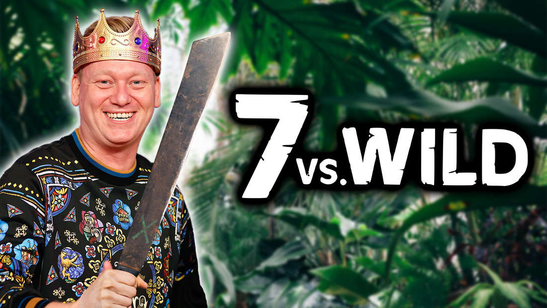 Knossi with a machete.  Next to it the logo of 7 vs Wild