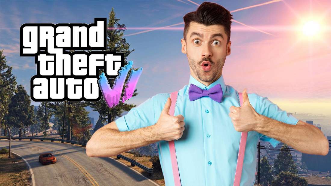 Man makes thumbs up, on the left a GTA 6 logo