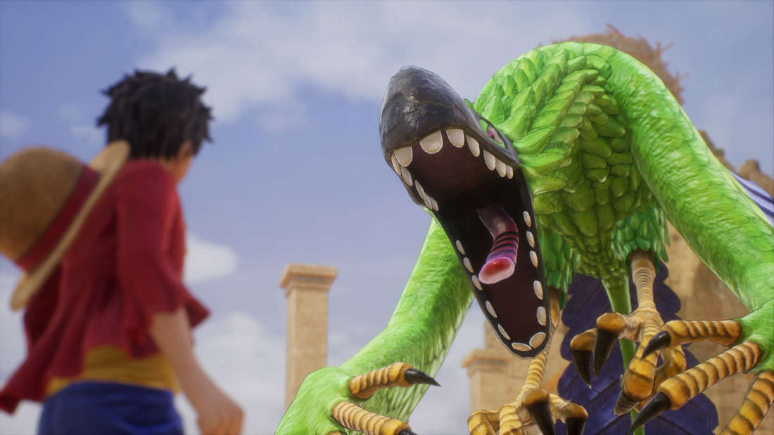 Luffy in front of a green-feathered beaked monster yelling at him.