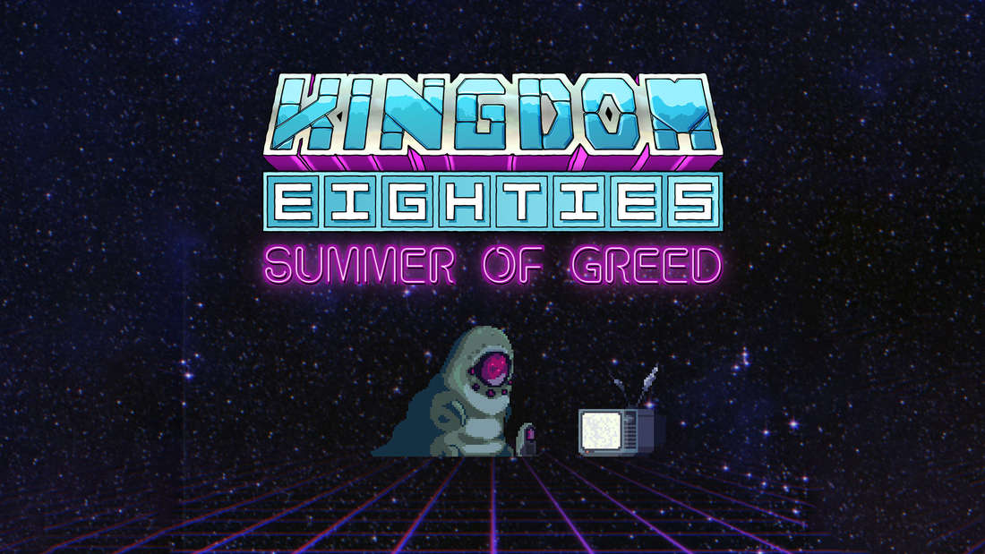 An alien from Kingdom Eighties in front of a TV with the game's logo above it.