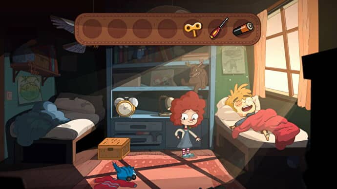 A young girl digs into her pocket while her brother snores away in bed in Lost In Play
