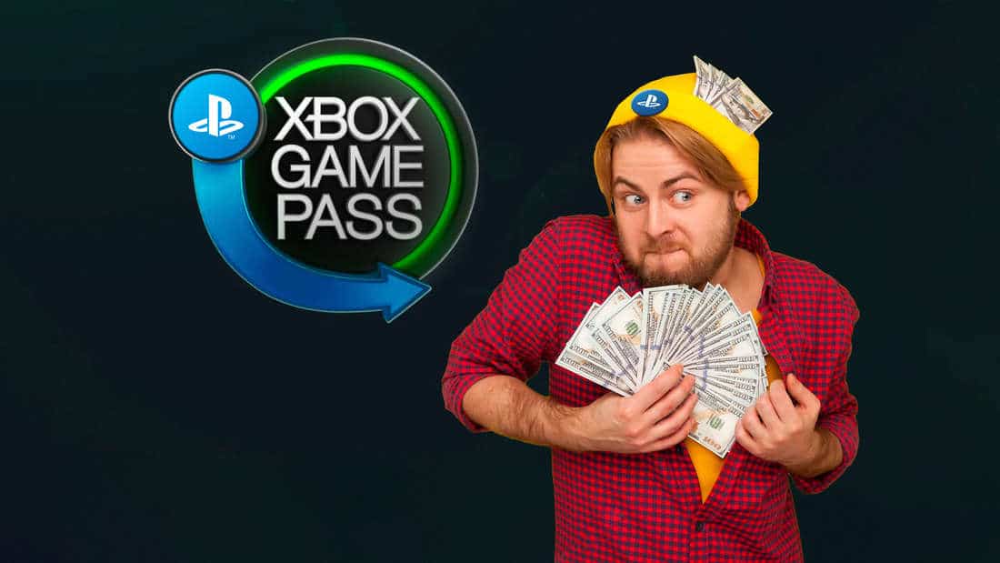 Guy pocketing money.  In the background the Xbox Game Pass logo and an arrow with the Sony logo