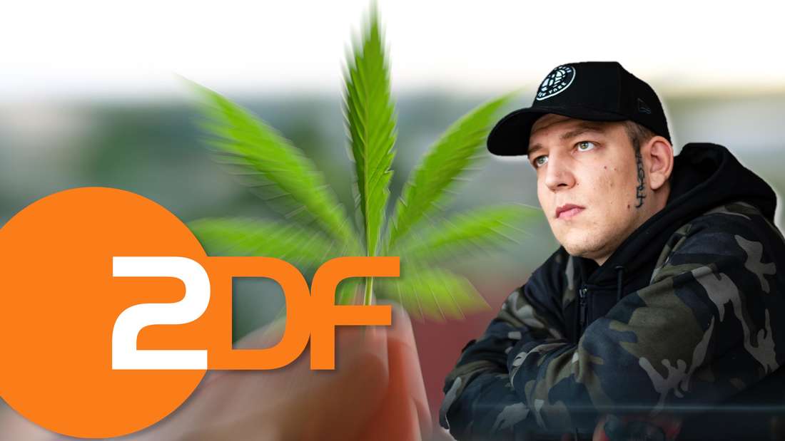 Streamer MontanaBlack and ZDF logo on blurred cannabis leaf.