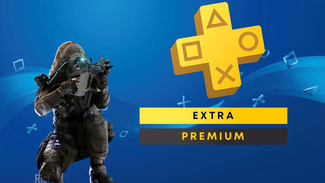 Tom Clancy's Ghost Recon Wildlands Character and PS Plus Extra and Premium Logo on Playstation Background.
