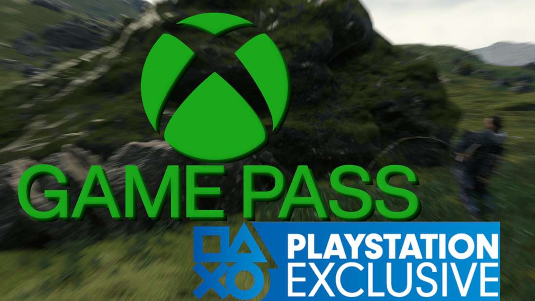 Game Pass logo and PlayStation Exclusive logo on blurred game background.