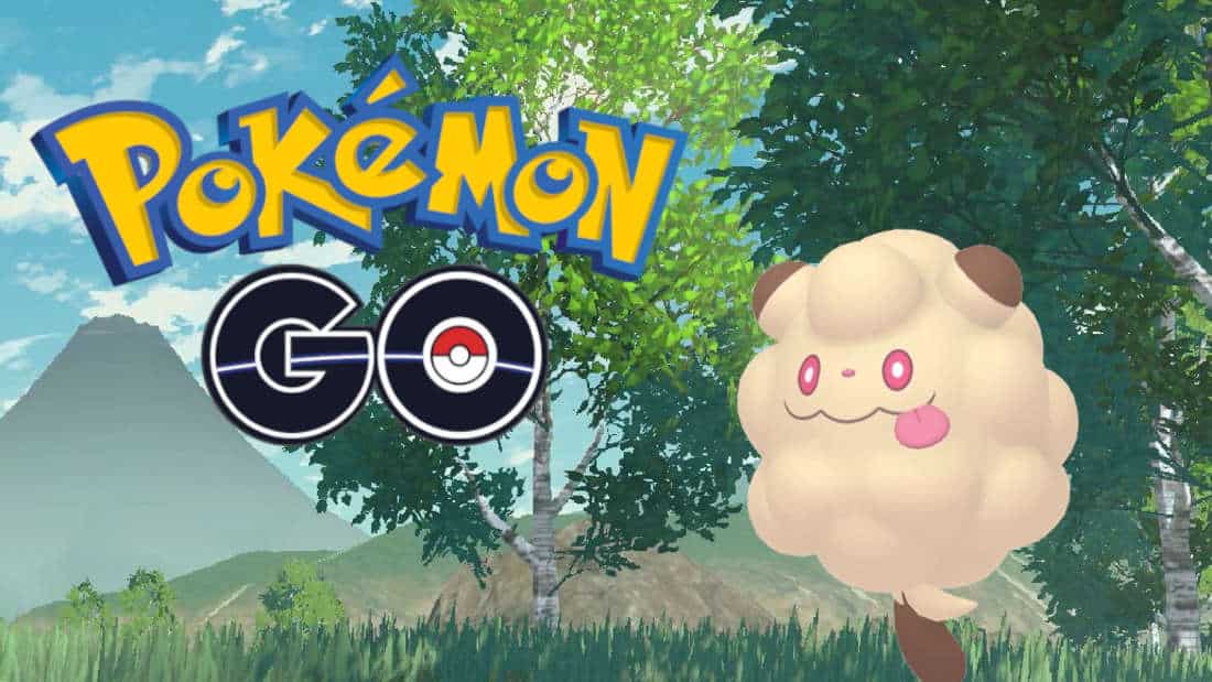 Shiny fluffy in a meadow next to the Pokémon GO logo.
