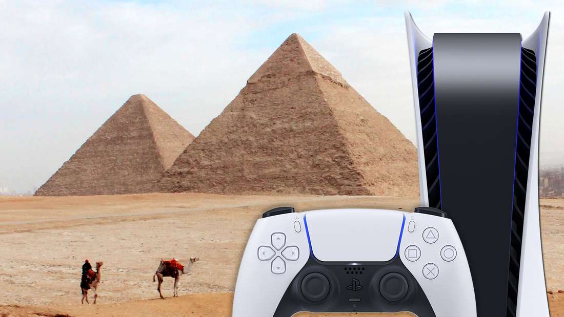 The PS5 in front of camels and pyramids.