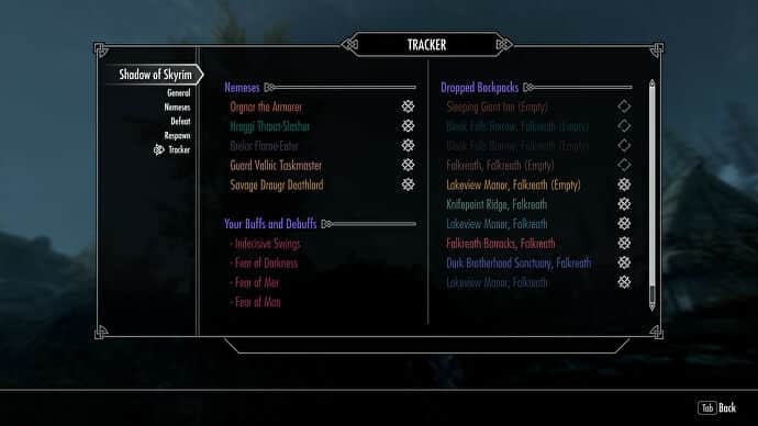 A list of Nemeses and debuffs in the Shadow of Skyrim mod.