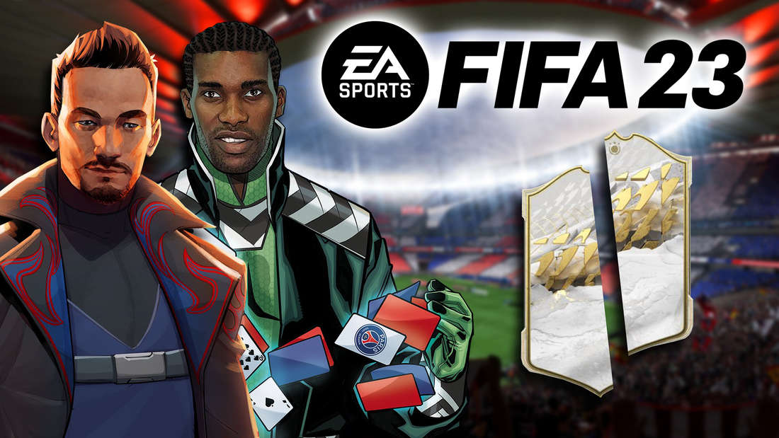 Nakata and Okocha in superhero costumes.  Next to it is the Fifa logo and a cut up icon card
