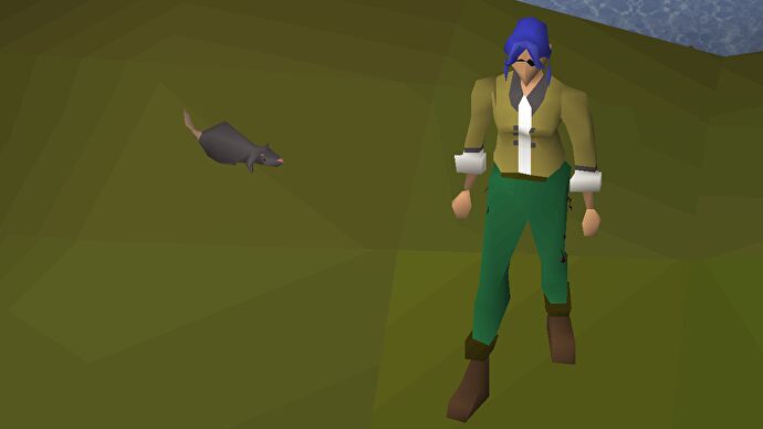 A blue-haired ranger stands by a rat in an Old School RuneScape screenshot.