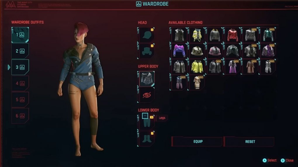 The wardrobe in patch 1.6 of Cyberpunk 2077 - from the official livestream from the developers at CD Projekt RED