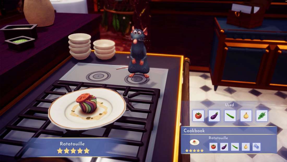 Remy in front of a plate of ratatouille in Disney Dreamlight Valley, alongside the ingredients for the recipe.