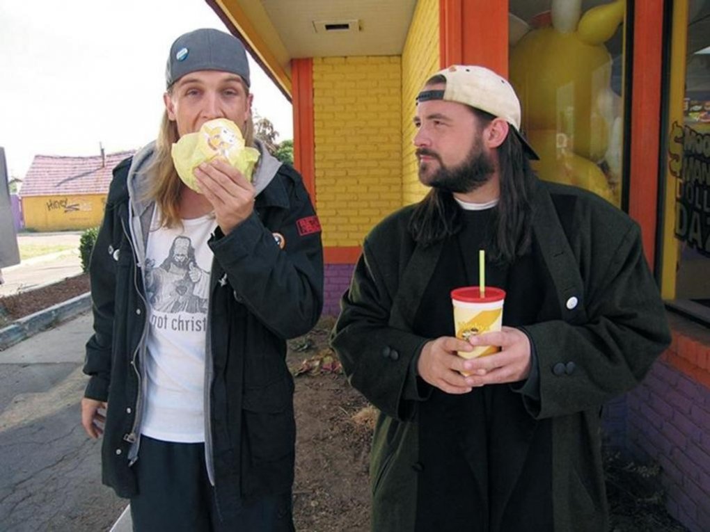 The characters Jay and Silent Bob - you can tell from them that this is a Kevin Smith film set in the 'Jersey Universe'.  Aside from Dogma, you can also stream and buy them as Blu-rays.
