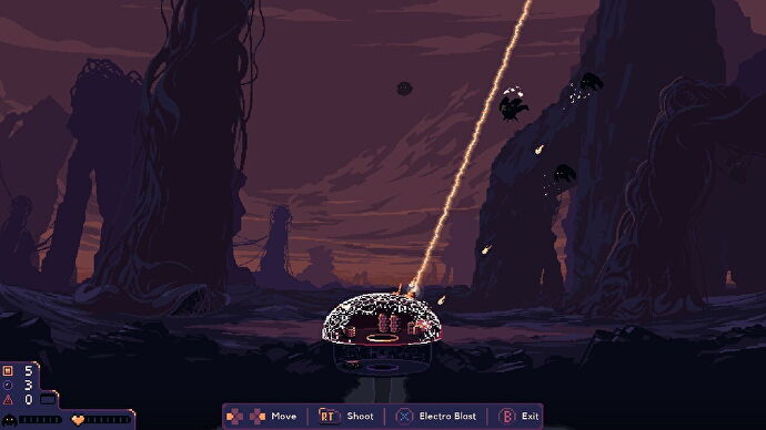 A dome fires a laser at shadowy aliens in Dome Keeper.