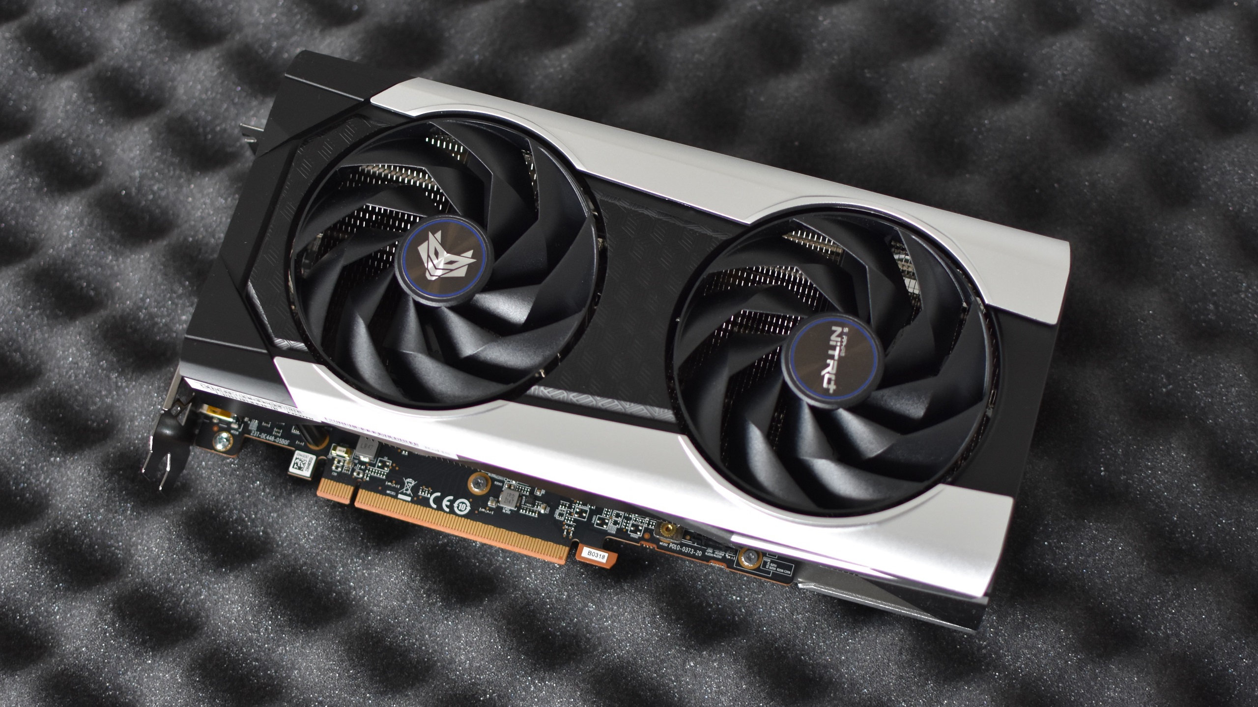 The Sapphire Nitro+ Radeon RX 6650 XT graphics card, cooler side up.
