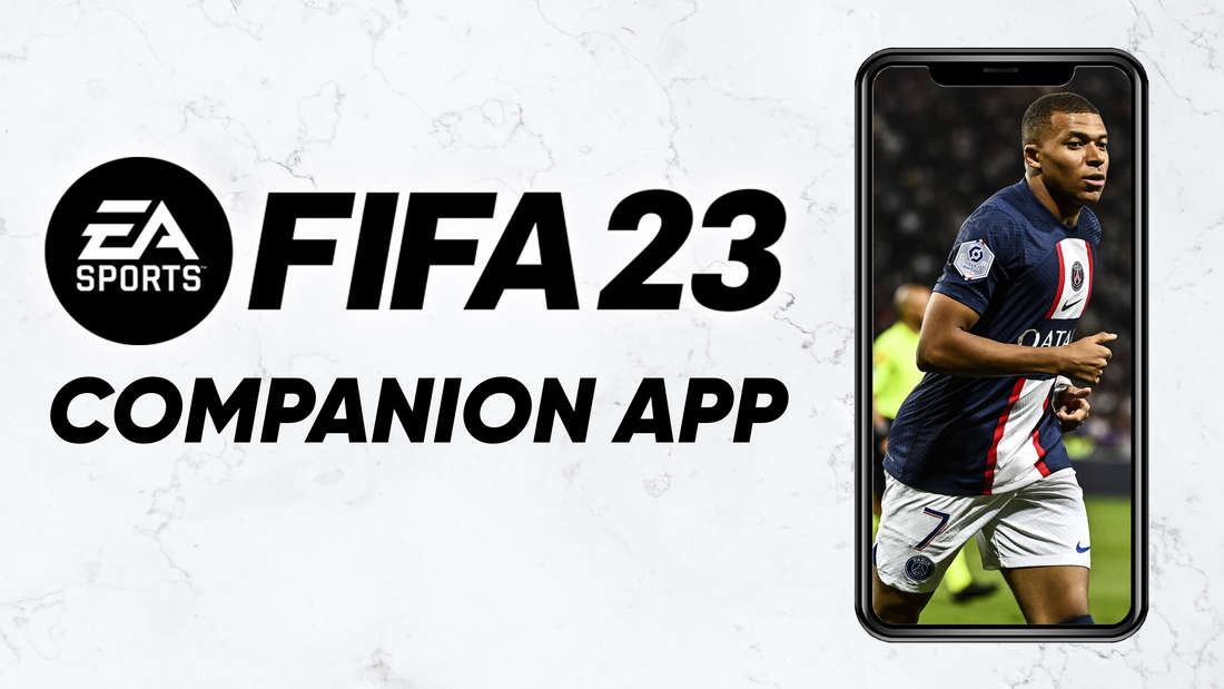 FIFA 23 logo and “Companion App” lettering.  Next to it is a smartphone with a picture of Mbappe
