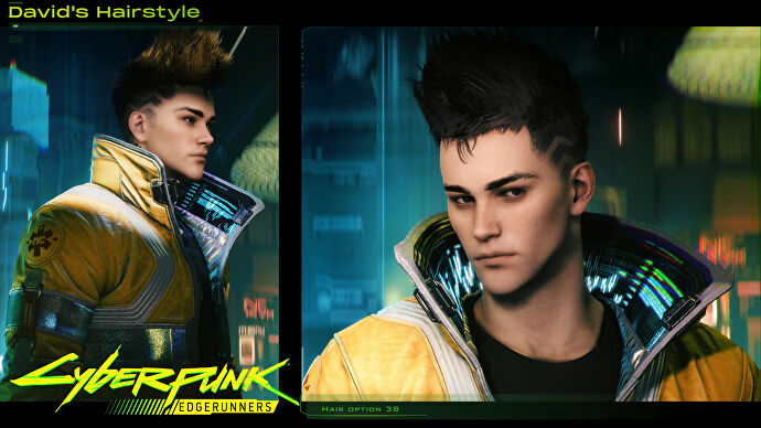 V rocks the high hairstyle of David from Edgerunners in a Cyberpunk 2077 mod screenshot.