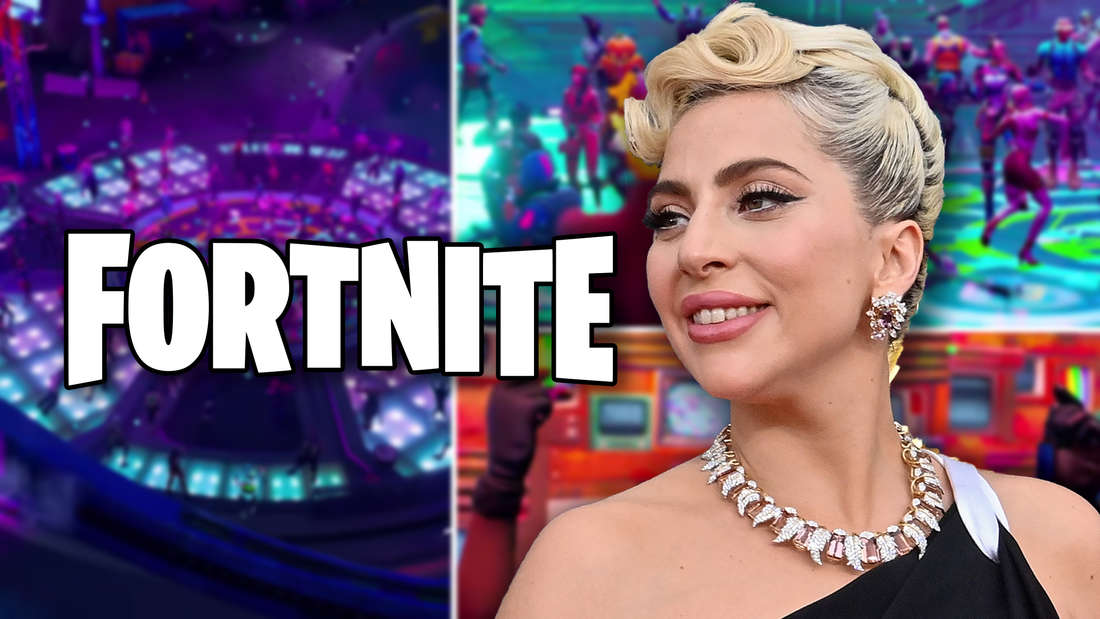 Lady Gaga next to Fortnite lettering