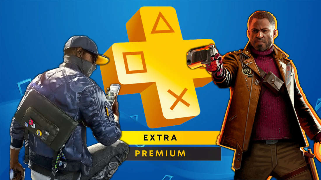 The heroes from Deathloop and Watch Dogs 2 in front of the PS Plus Extra and Premium logo