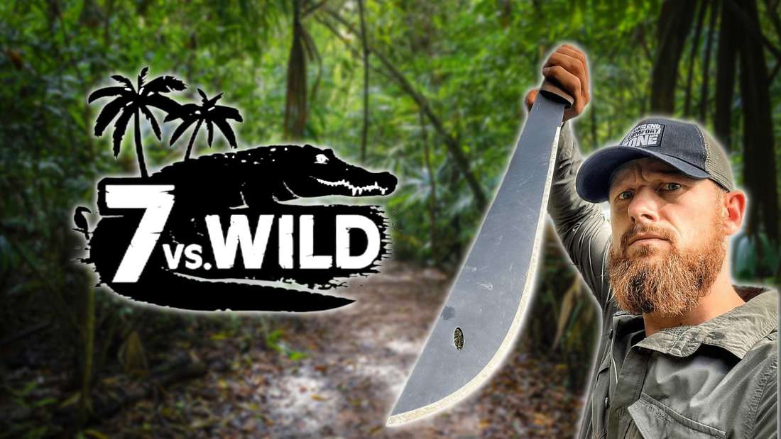 Fritz Meinecke with his machete for 7 vs. Wild with logo