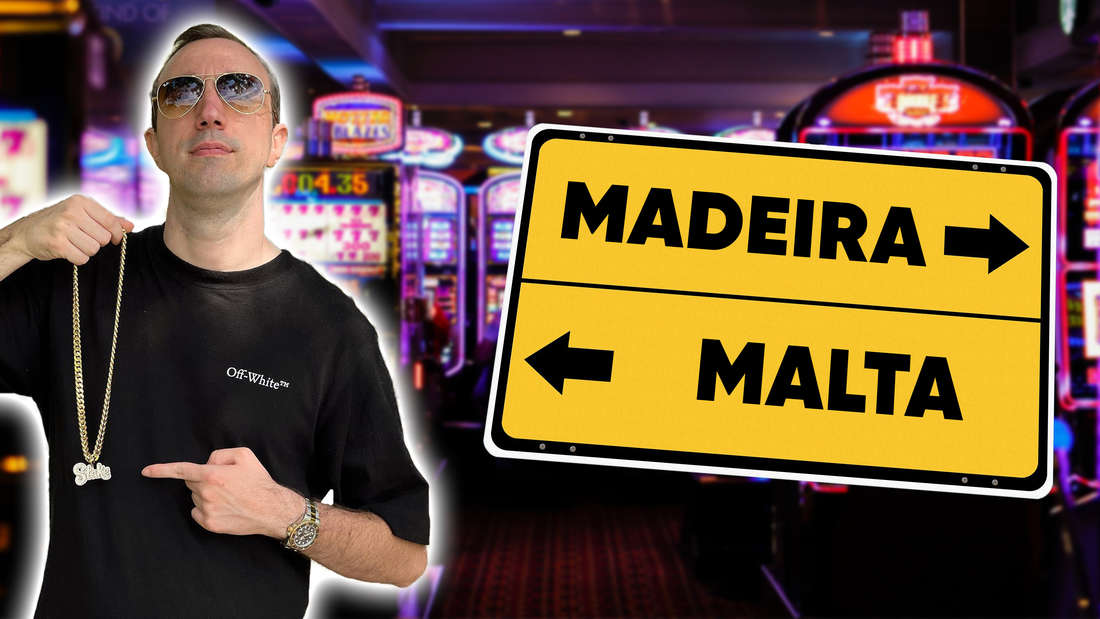 Twitch streamer scurrows next to a place name sign for Malte and Madeira.  In the background a casino