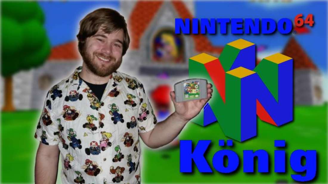 The N64 King AceGamer Sam holds up the Super Mario 64 game.  Behind the N64 logo with the lettering: König.  Blurred Mario 64 gameplay in the background.