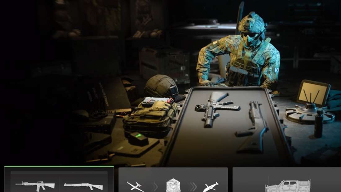 A soldier from Modern Warfare 2 sits in the upgrade menu between battles