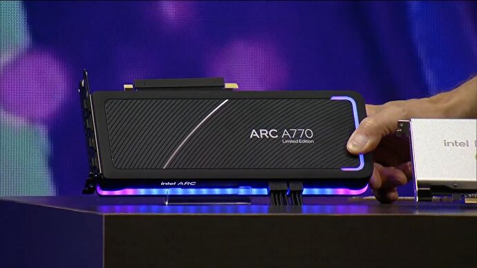 The Intel Arc A770 Limited Edition graphics card onstage at Intel Innovation 2022.