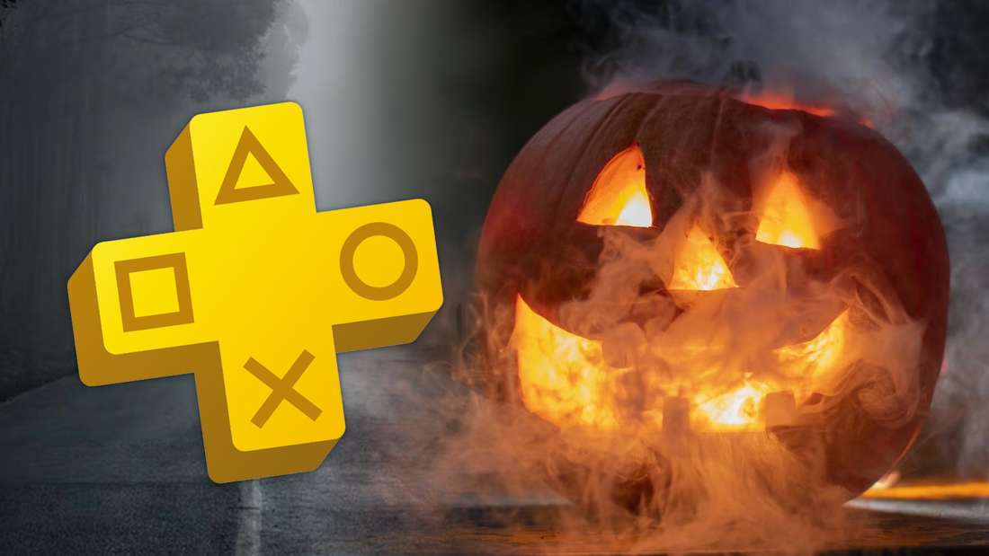 The PS Plus logo and a Halloween pumpkin