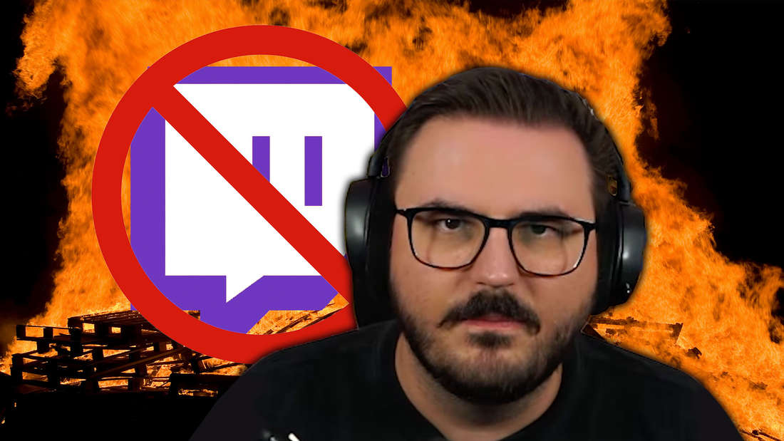 Streamer Staiy looks angrily at the camera next to the crossed-out Twitch logo