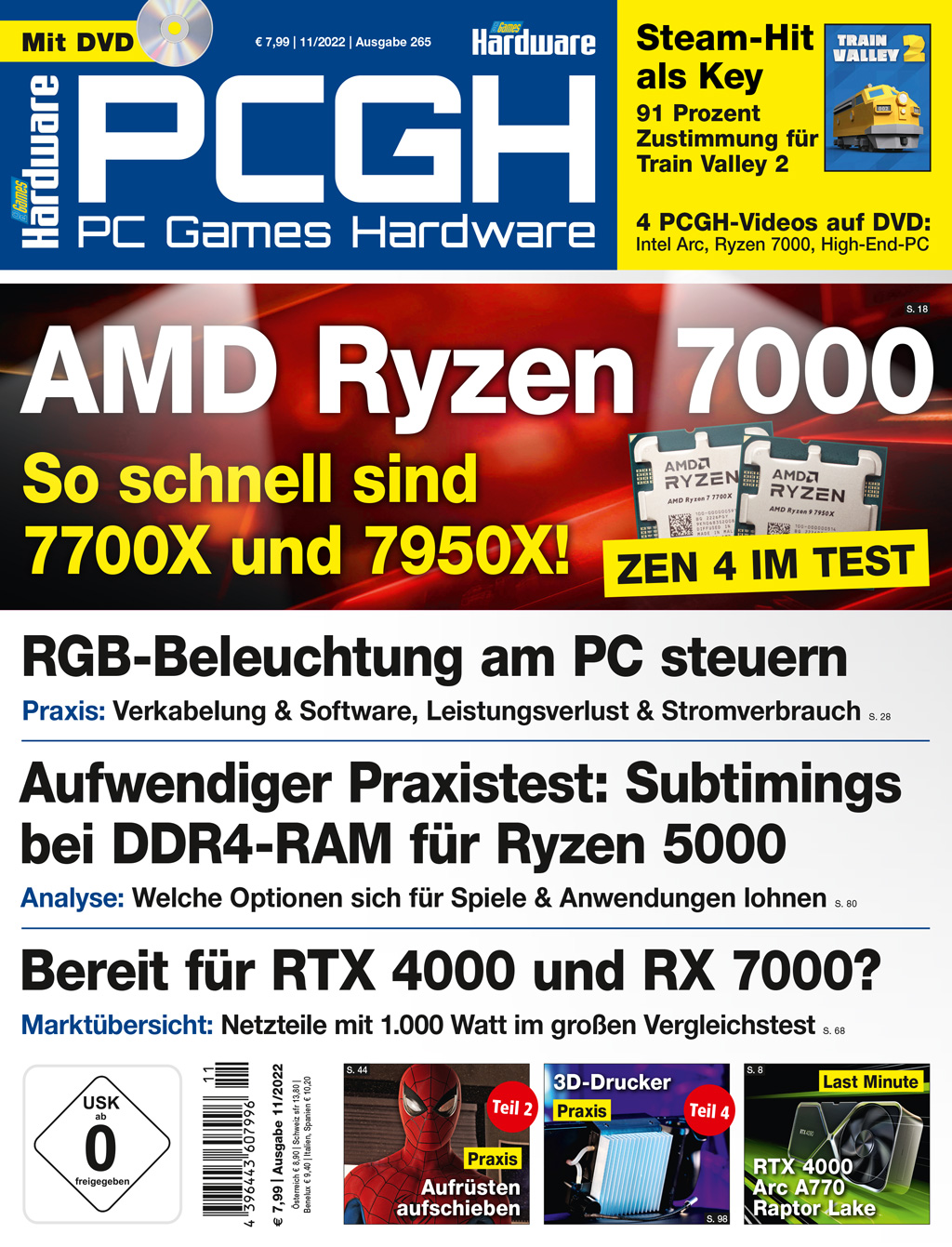 Schnapszahl issue 11/2022: Ryzen 7000 in the detailed PCGH test, last-minute RTX 4000/Intel Raptor Lake/Arc 770/780, 1,000 watt power supplies under the magnifying glass, RGB lighting as a special and much more - on DVD : Train Valley 2