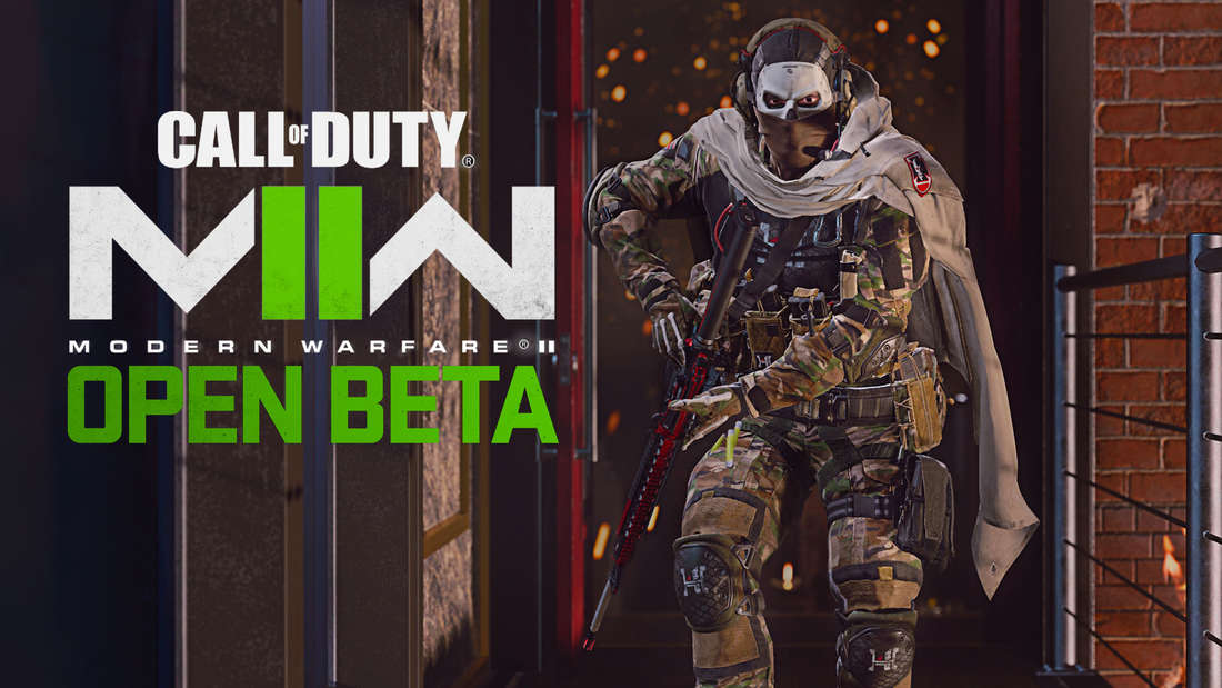A soldier next to the Modern Warfare 2 Open Beta logo