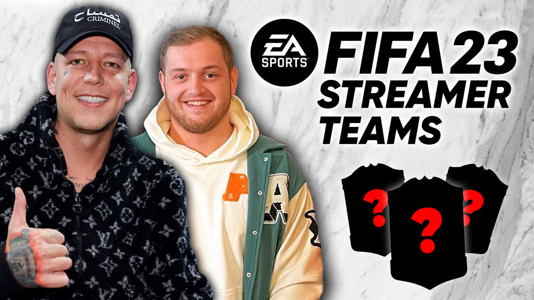 Twitch streamers Trymacs and MontanaBack next to the FIFA 23 logo.