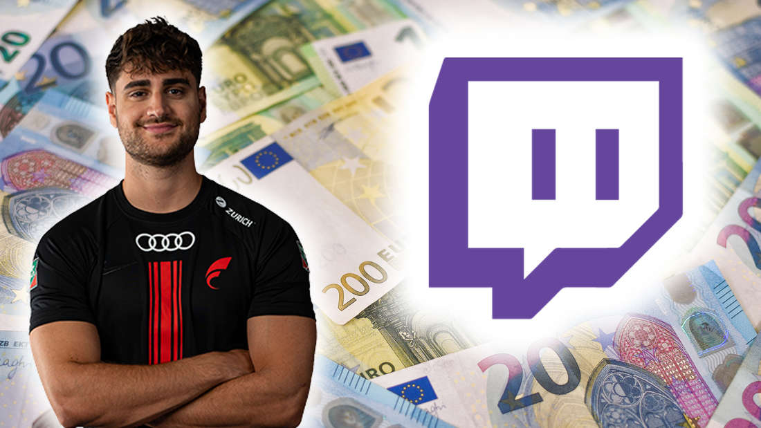 The streamer EliasN97 next to the Twitch logo in front of many euro bills.